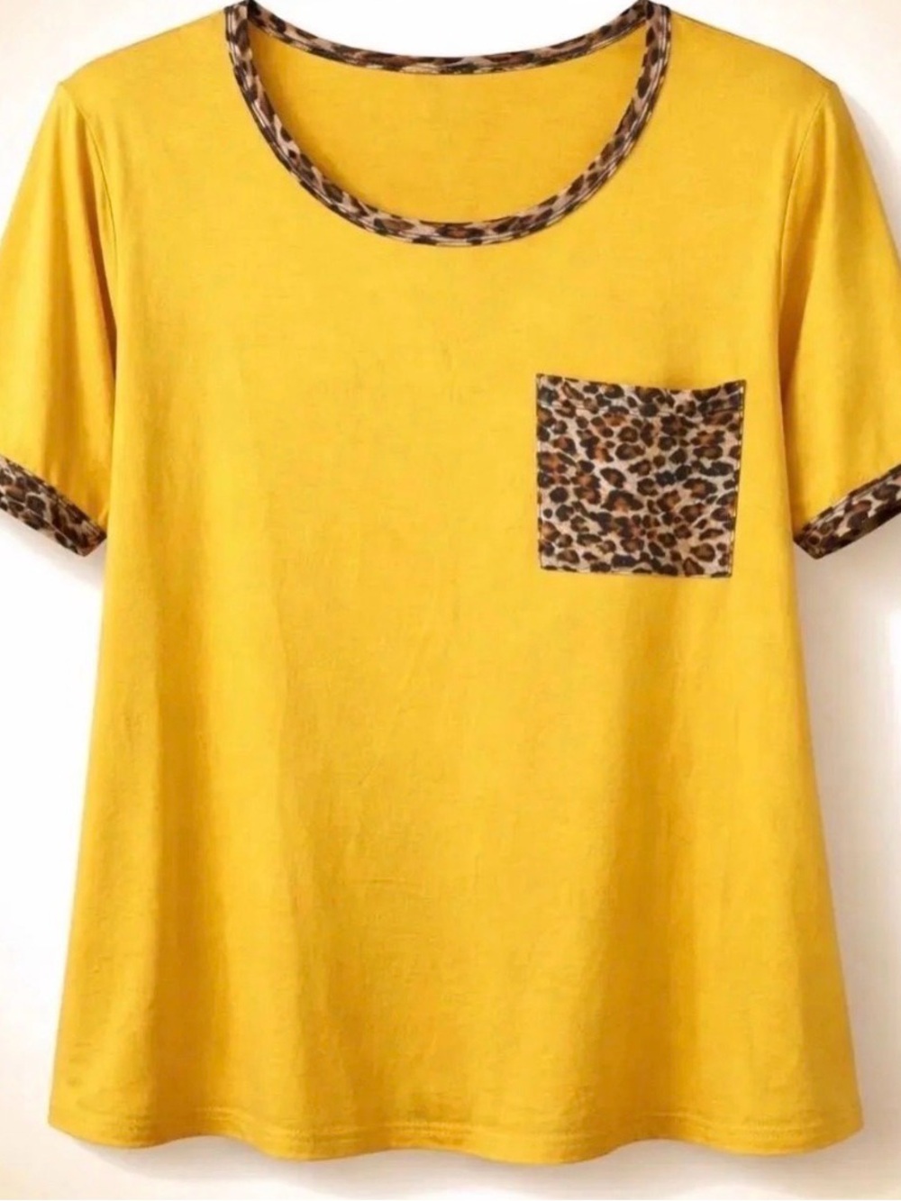Leopard-Trim Mustard Short Sleeve Pocket Tee - Women